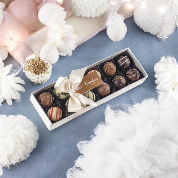 Assorted Truffle Selection In Grey Base With Clear Lid Ribbon And Tag