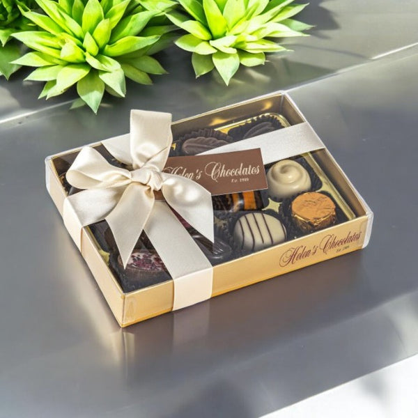 12 Assorted Belgian Chocolates In Gold Box With Clear Lid And Ribbon